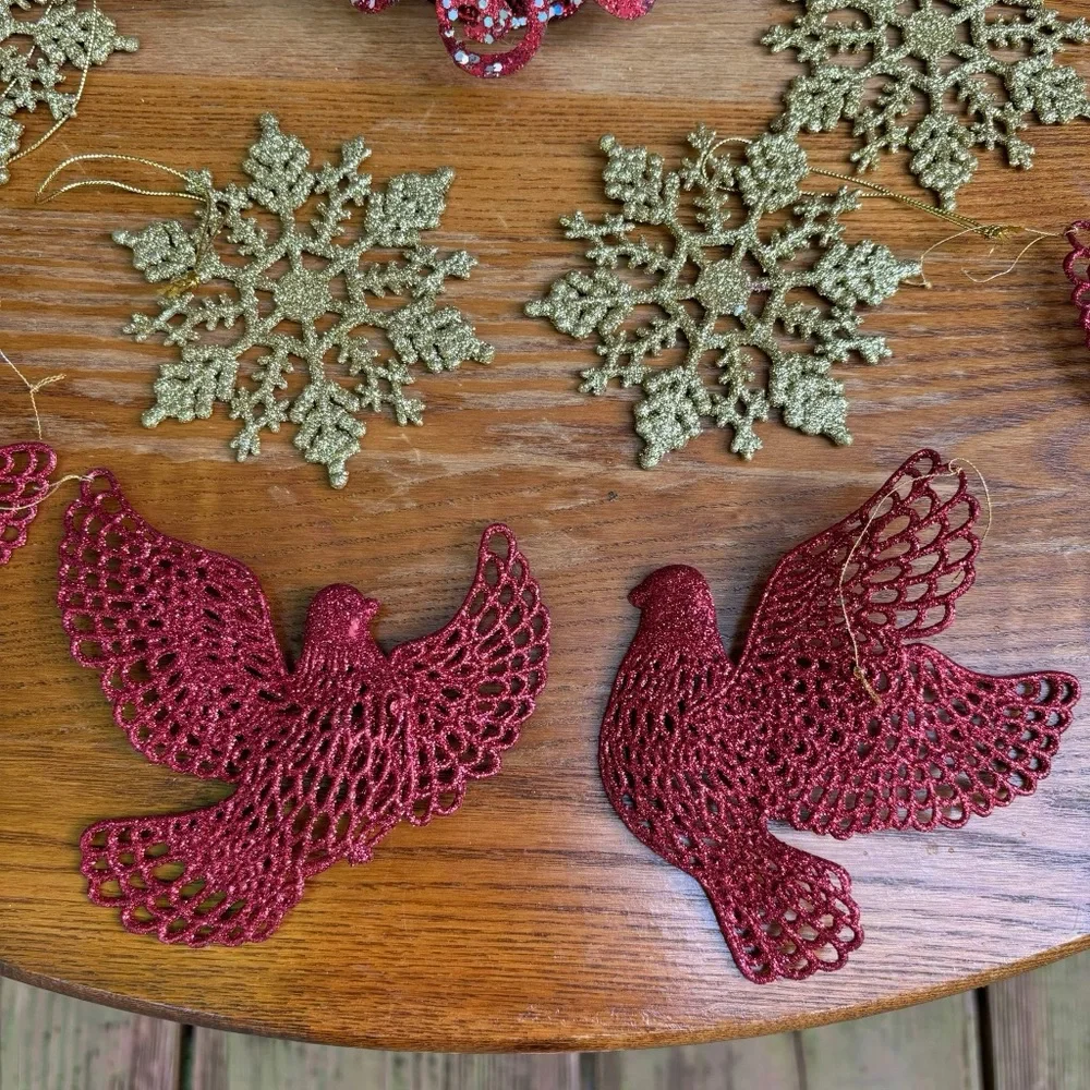 Christmas ornament bundle Red and gold Doves Snow flakes and Tree topper 9 pc